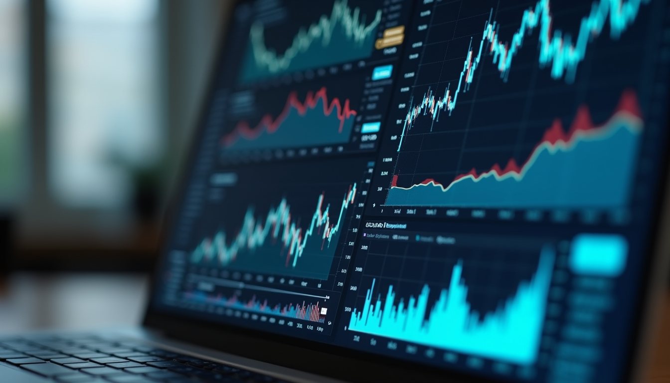 Close-up view of a laptop screen showing financial graphs and charts