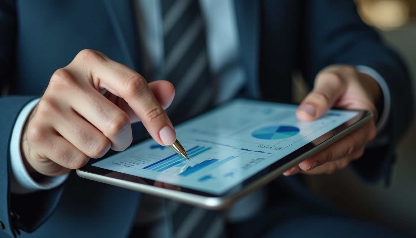 Close-up view of a tradesman reviewing financial reports on a tablet