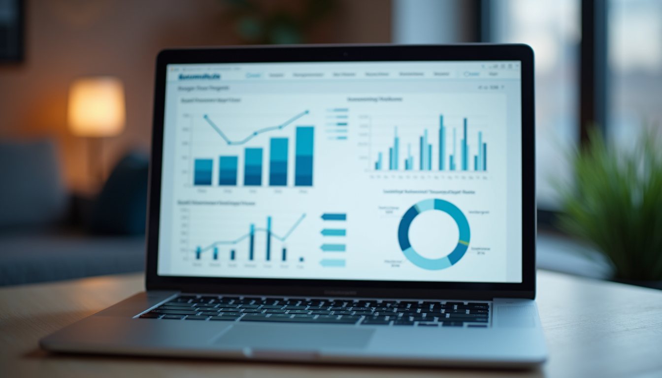 Close-up view of a laptop screen showing accounting software with charts and graphs