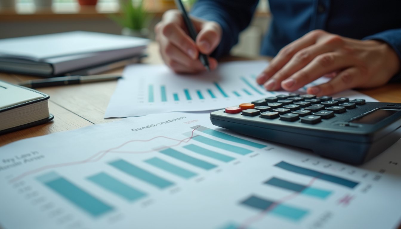 High angle view of a small business office with financial charts and a calculator