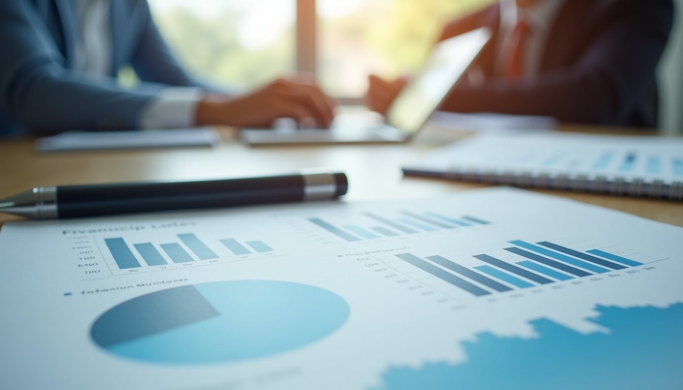 Close-up view of a financial report with charts and graphs on a desk