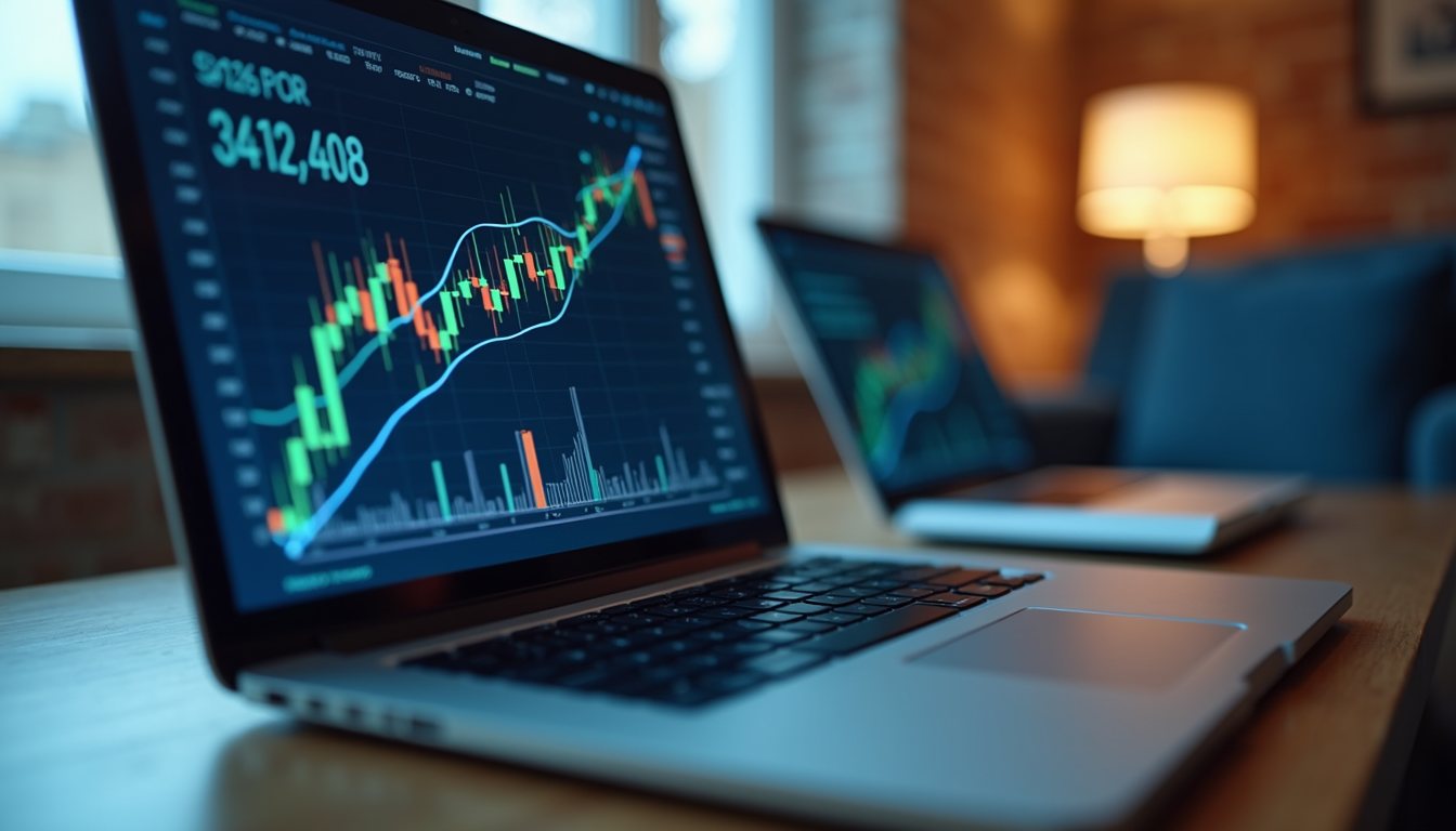 Eye-level view of a laptop screen displaying financial graphs and charts