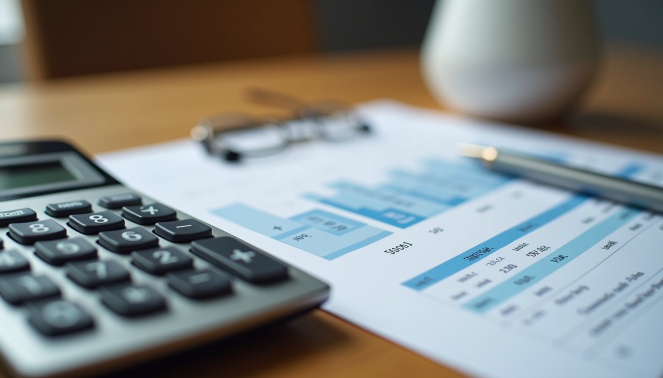 Close-up view of a calculator and financial report on a wooden table