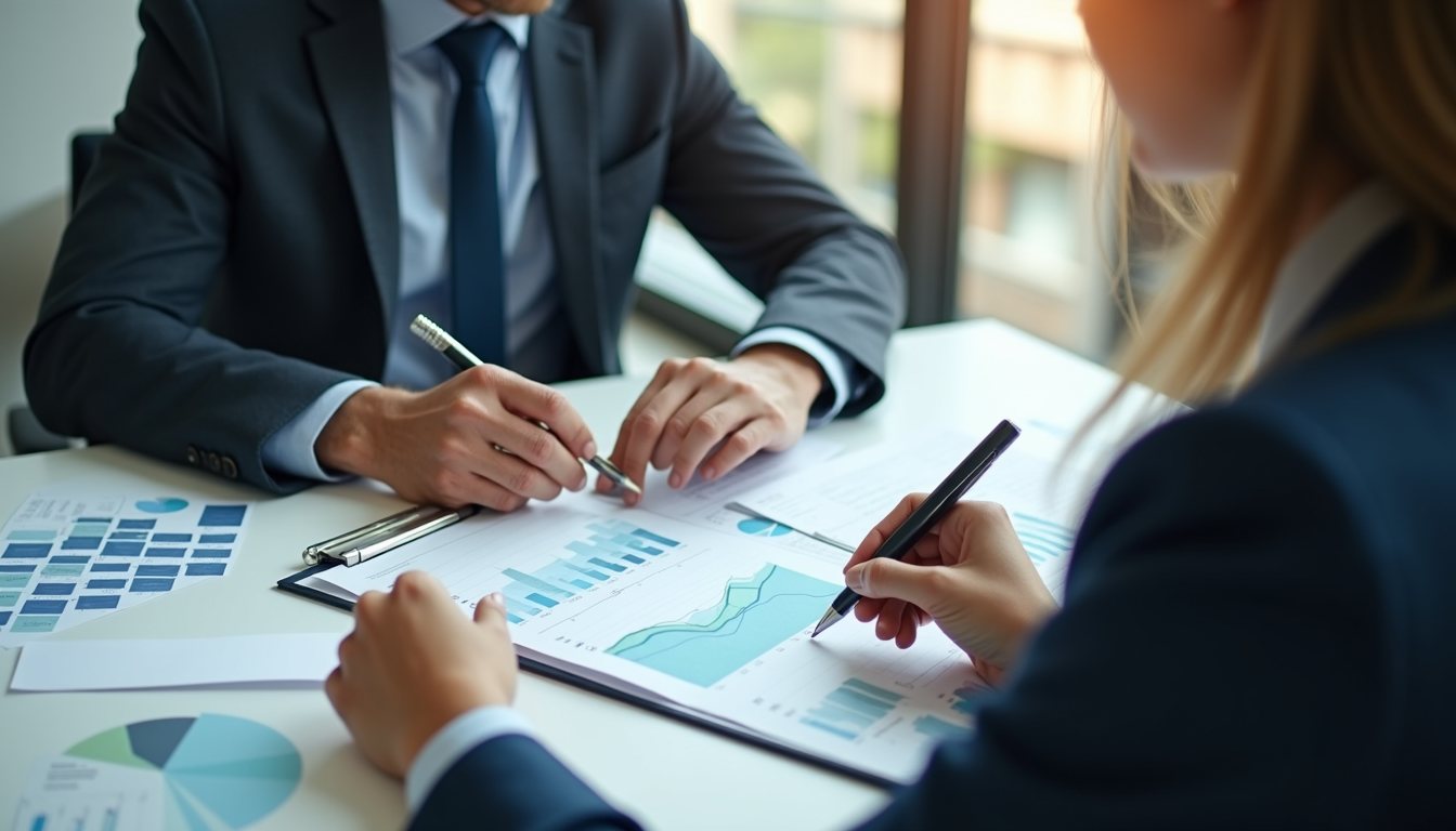 High angle view of a business owner reviewing financial charts with a bookkeeper