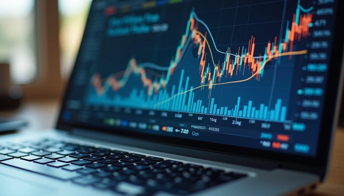 Eye-level view of a laptop screen showing financial graphs and charts