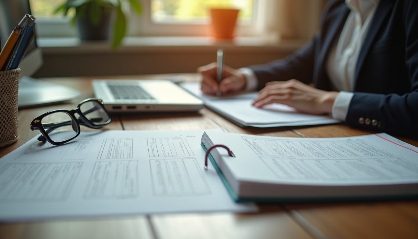 High angle view of a home office setup with bookkeeping materials